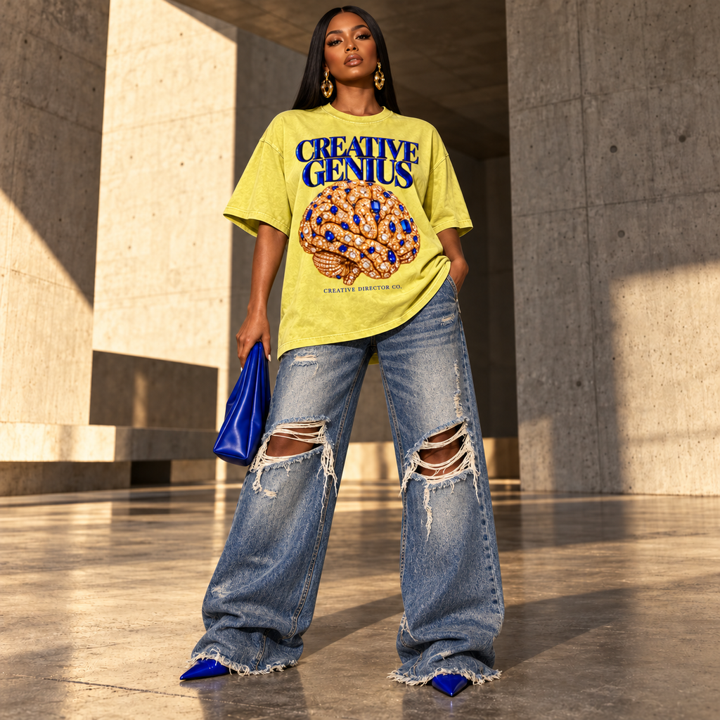 Creative Genius Blue Gem Snow Washed Oversized Cotton T-Shirt